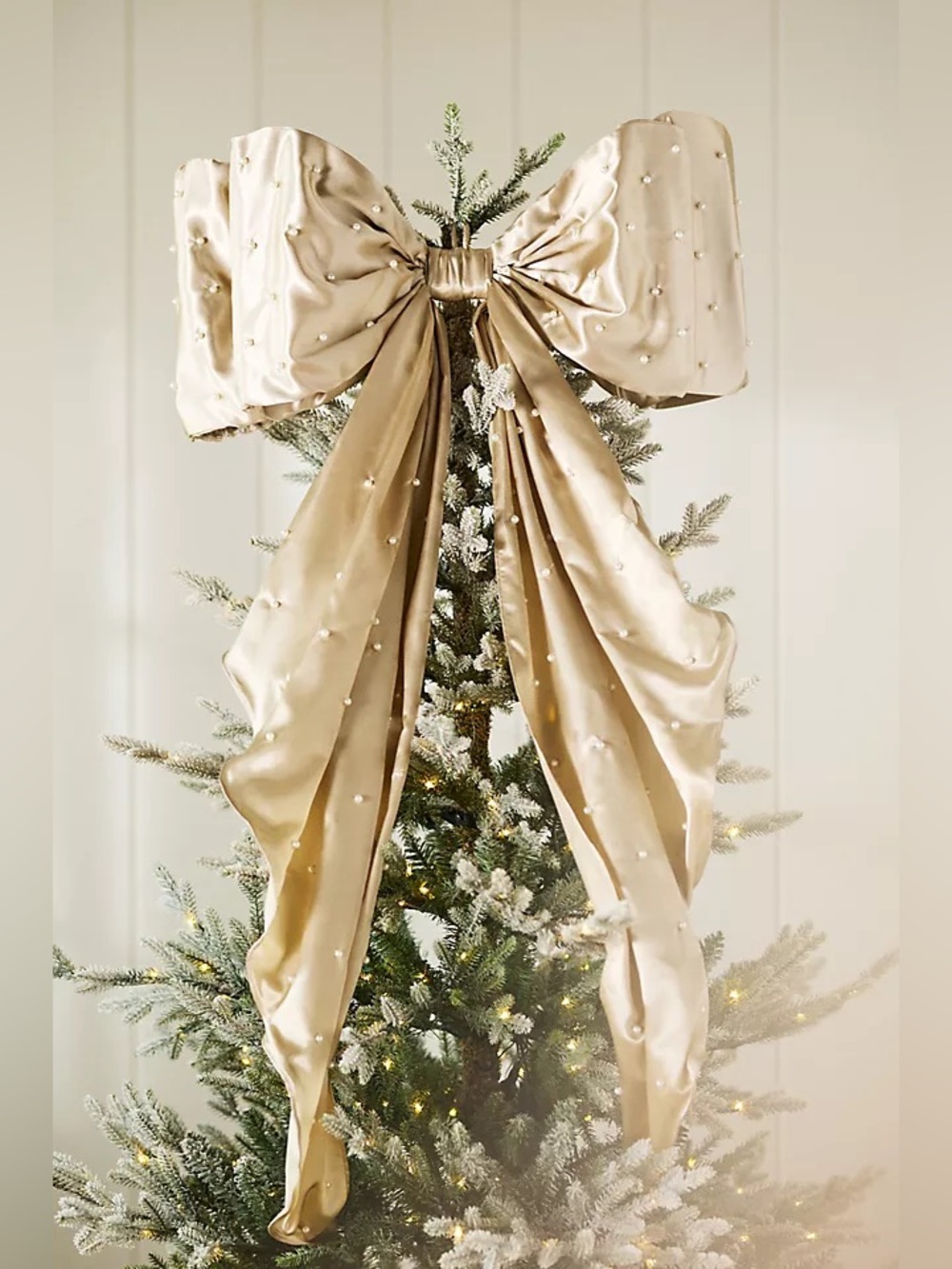 Anthropologie Satin Oversized Bow Tree Topper Ivory Beige Pearl Christmas NWT